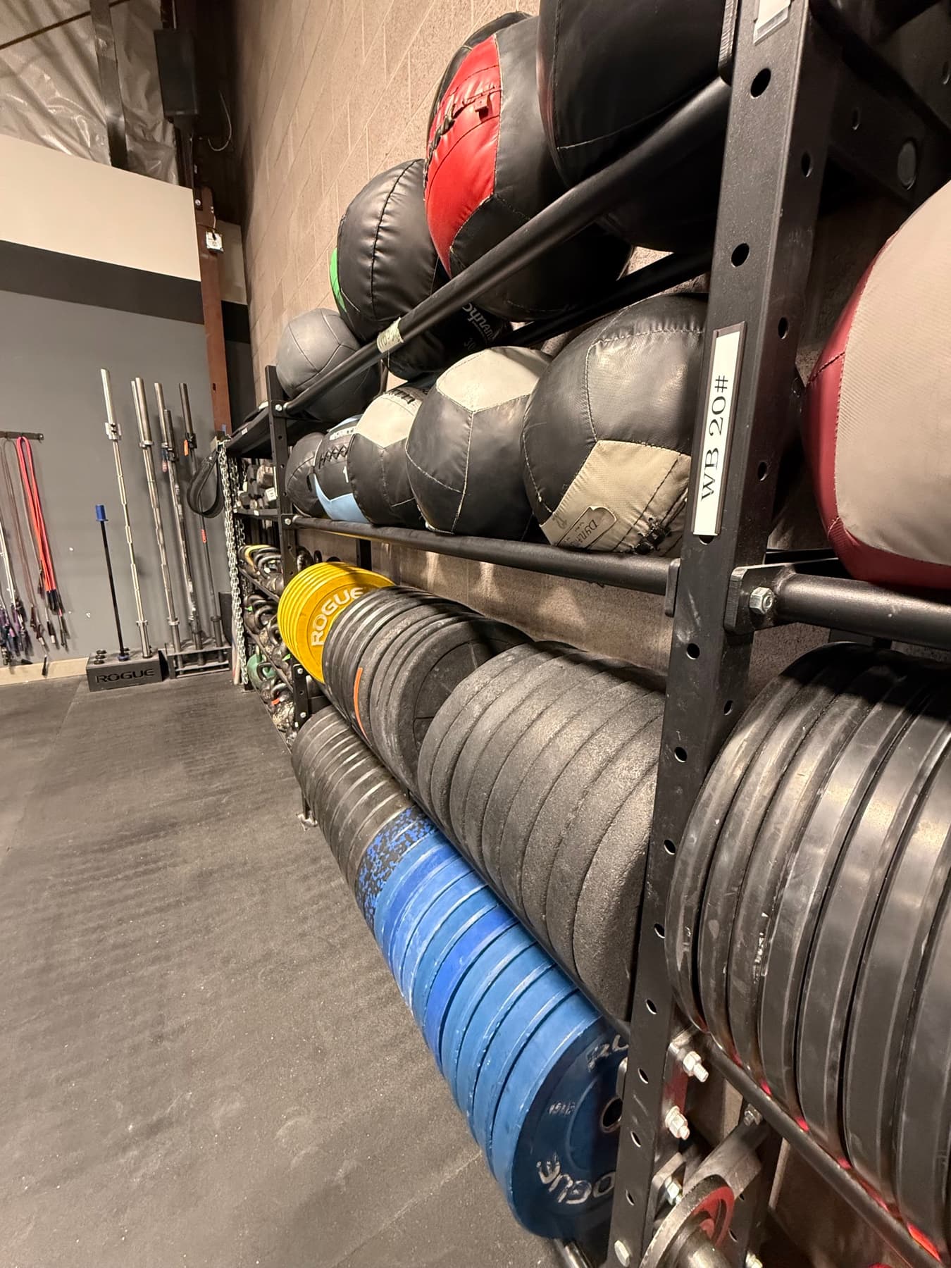 Bumper plates racked on the gym floor