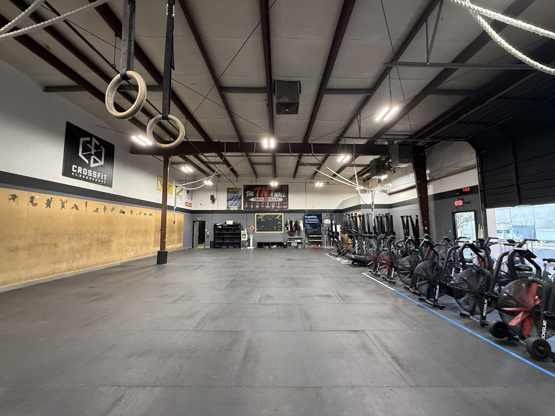 The main floor, rig and bikes down the right wall