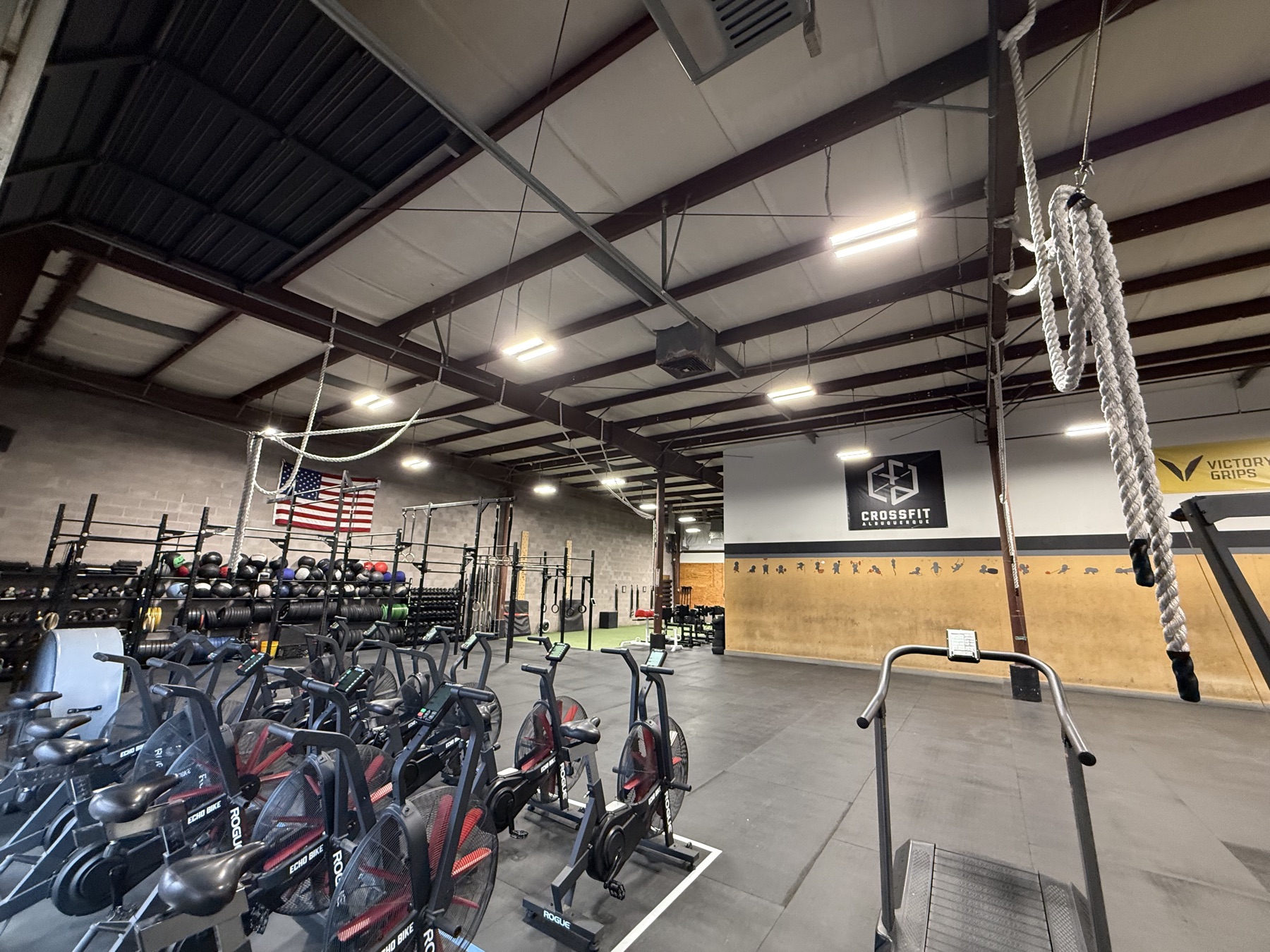 Rows of assault bikes on the main floor